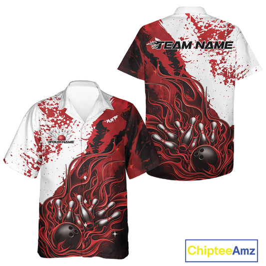 Front and back view button-up bowling shirt in black with red and white accents, flame bowling ball and pins design shown in professional studio mockup