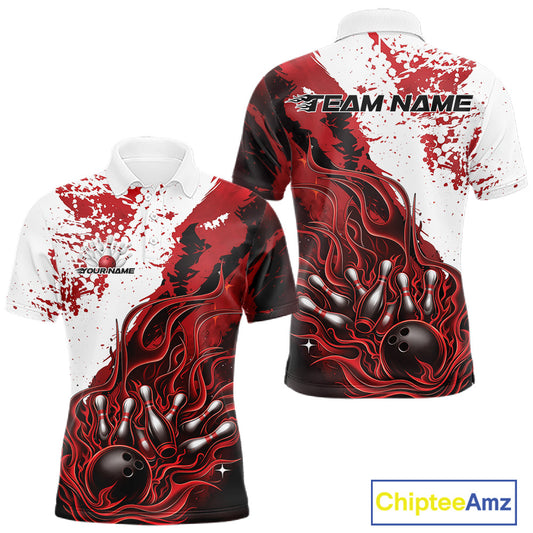 Front and back view mens bowling polo shirt mockup, black base with red and white flame bowling ball and pins artwork, studio presentation