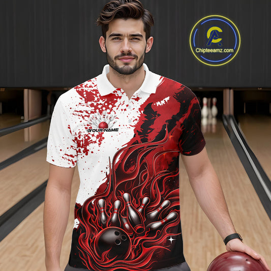 In bowling lane front view male model wearing bowling polo shirt, black base with red and white flame bowling ball and pins artwork, dynamic sports lighting