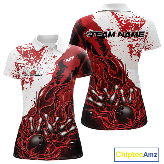 Front and back view womens bowling polo shirt mockup, black red and white colorway, flame bowling ball and pins artwork, studio apparel presentation