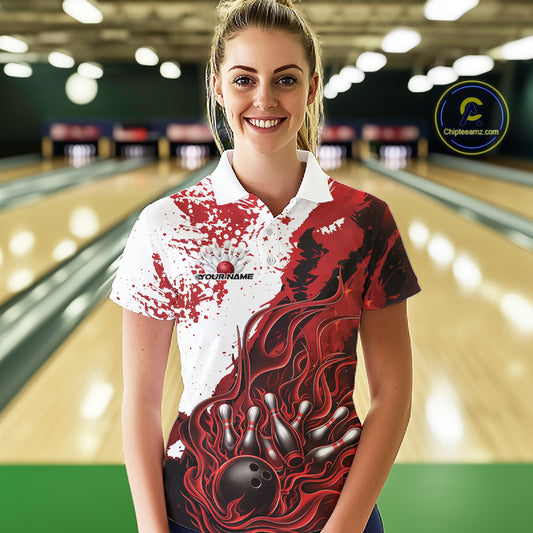 In bowling lane front view female model wearing bowling polo shirt, black red and white scheme, flame bowling ball and pins artwork, dynamic sports lighting