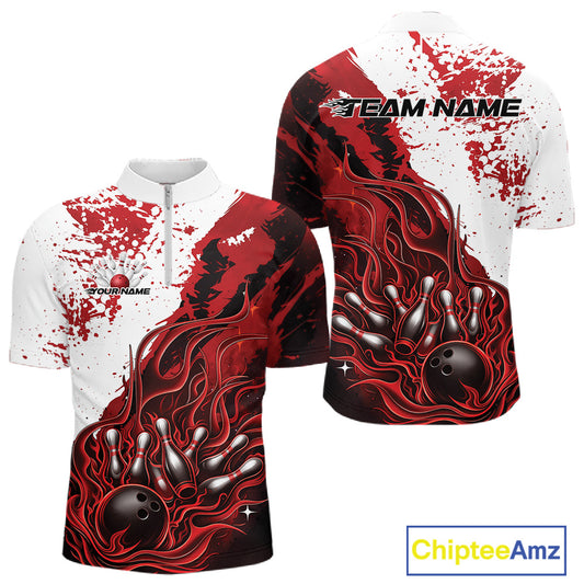 Front and back view of a mens black bowling quarter-zip shirt mockup showcasing flame bowling ball and pins design in red and white tones with bold athletic styling.