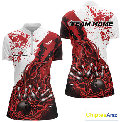 Front and back view of a womens black bowling quarter-zip shirt mockup showcasing flame bowling ball and pins design in red and white tones with energetic sports graphics.