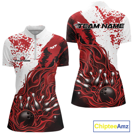 Front and back view of a womens black bowling quarter-zip shirt mockup showcasing flame bowling ball and pins design in red and white tones with energetic sports graphics.