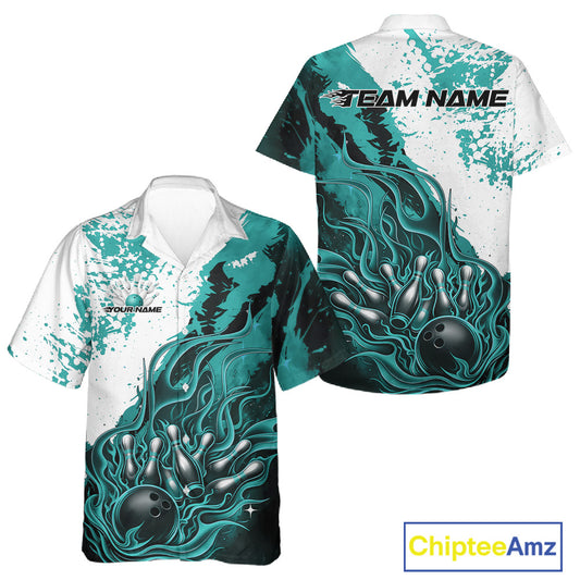 Front and back view button-up bowling shirt in black with turquoise blue and white accents, dynamic flame bowling ball and pins graphic on studio display