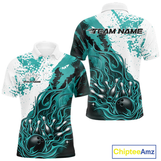 Front and back view mens bowling polo shirt mockup, black base with turquoise blue and white flame bowling ball and pins artwork, studio presentation