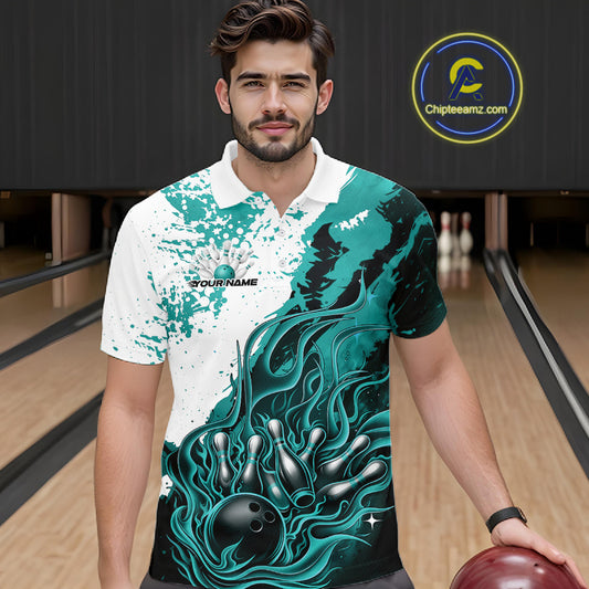 In bowling lane front view male model wearing bowling polo shirt, black base with turquoise blue and white flame bowling ball and pins artwork, dynamic sports lighting