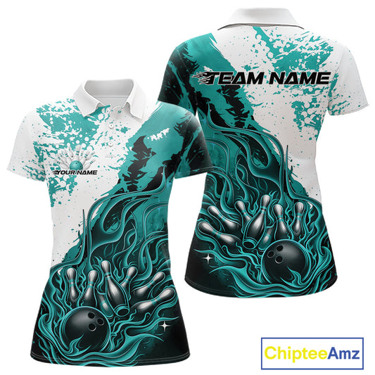 Front and back view womens bowling polo shirt mockup, black turquoise blue and white colorway, flame bowling ball and pins artwork, studio apparel presentation