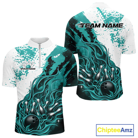 Front and back view of a mens black bowling quarter-zip shirt mockup showcasing flame bowling ball and pins design in turquoise blue and white tones with modern sportswear graphics.