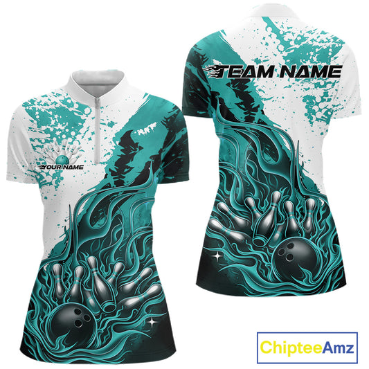 Front and back view of a womens black bowling quarter-zip shirt mockup featuring flame bowling ball and pins design in turquoise blue and white tones.