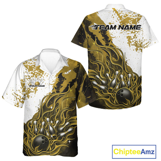 Button-up bowling shirt mockup featuring black base with yellow and white details, flame bowling ball and pins artwork shown in clean apparel presentation