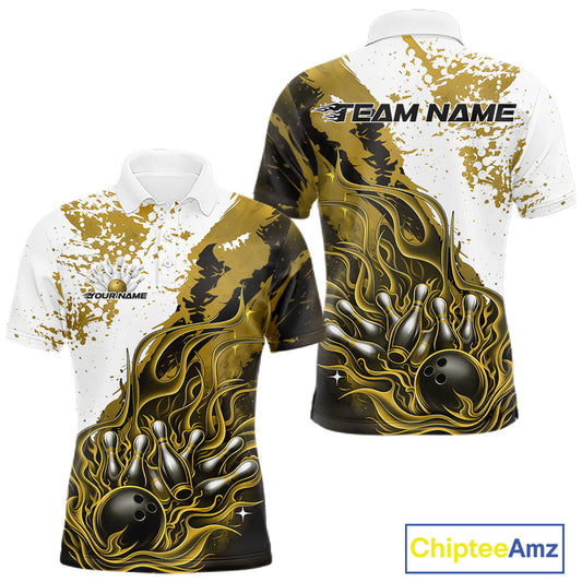 Front and back view mens bowling polo shirt mockup, black base with yellow and white flame bowling ball and pins artwork, studio presentation