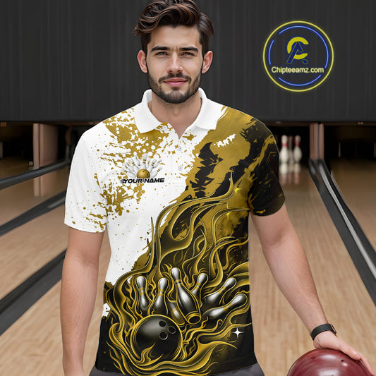 In bowling lane front view male model wearing bowling polo shirt, black base with yellow and white flame bowling ball and pins artwork, energetic sports lighting