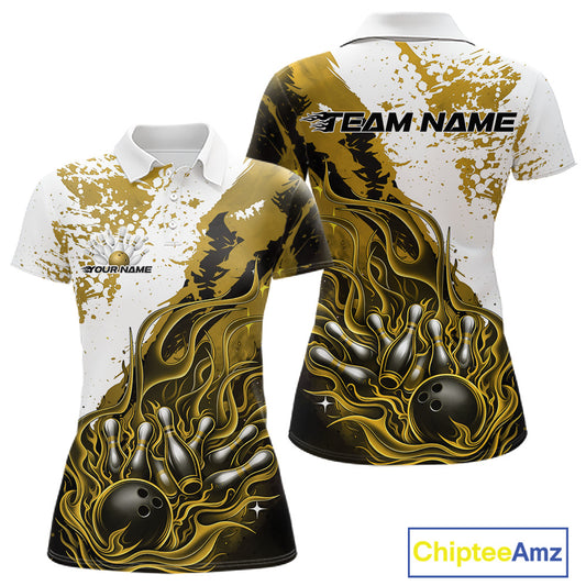 Front and back view womens bowling polo shirt mockup, black yellow and white colorway, flame bowling ball and pins artwork, clean ecommerce apparel display