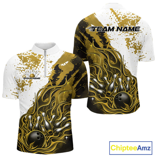 Front and back view of a mens black bowling quarter-zip shirt mockup featuring flame bowling ball and pins design in black, yellow and white tones with dynamic sports graphics.