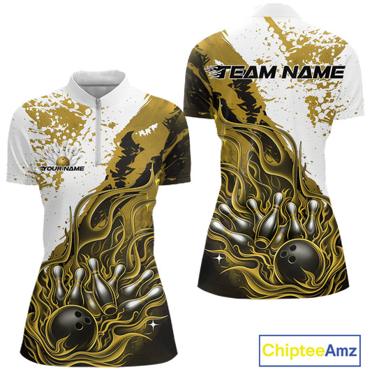 Front and back view of a womens black bowling quarter-zip shirt mockup featuring flame bowling ball and pins design in yellow and white tones.