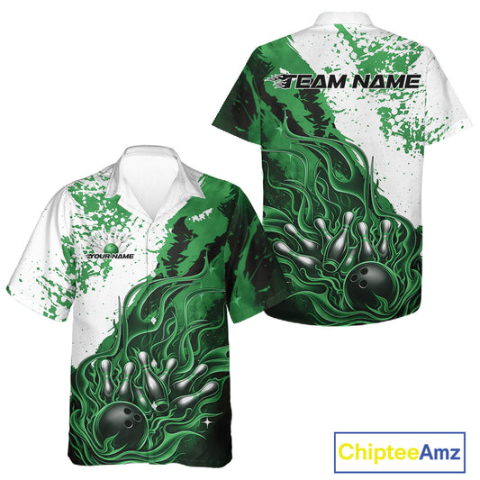 Front and back view button-up bowling shirt mockup in black with green and white accents, flame bowling ball and pins artwork displayed in studio ecommerce setting