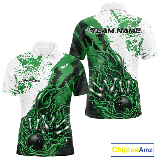 Front and back view mens bowling polo shirt mockup, black base with green and white flame bowling ball and pins artwork, studio presentation