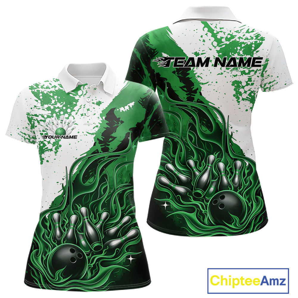 Front and back view womens bowling polo shirt mockup, black base with green and white accents, featuring flame bowling ball and pins artwork, studio product presentation