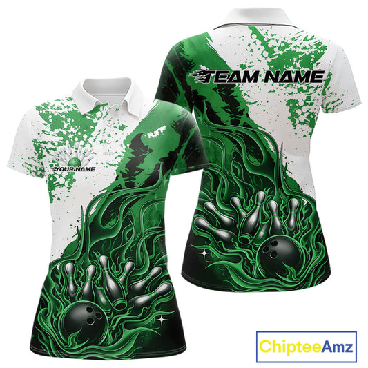 Front and back view womens bowling polo shirt mockup, black base with green and white accents, featuring flame bowling ball and pins artwork, studio product presentation
