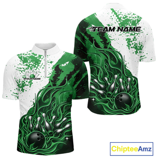 Front and back view of a mens black bowling quarter-zip shirt mockup featuring flame bowling ball and pins design in black, green, and white tones.
