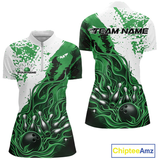 Front and back view of a womens black bowling quarter-zip shirt mockup showcasing flame bowling ball and pins design in black, green, and white tones.