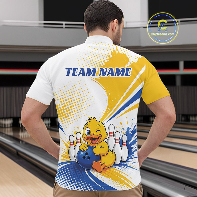 A man viewed from behind wearing a custom bowling-themed short-sleeve quarter zip shirt. The back of the shirt features a white, yellow, and blue graphic with a cartoon yellow duck holding bowling pins and a blue bowling ball, and the text 'TEAM NAME' in blue.