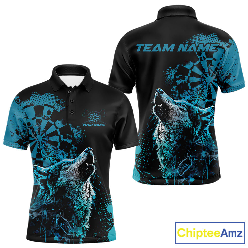 Custom Black And Blue Splatter Grunge Dart Wolf Men Polo Shirts, Wolf Dart Team Jerseys IPHW10010