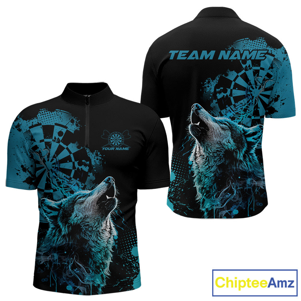 Custom Black And Blue Splatter Grunge Dart Wolf Men Quarter-Zip Shirts, Wolf Dart Team Jerseys IPHW10010
