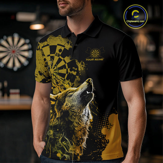 Custom Black And Yellow Splatter Grunge Dart Wolf Men Polo Shirts, Wolf Dart Team Jerseys IPHW10014