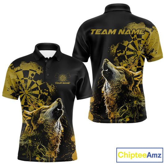 Custom Black And Yellow Splatter Grunge Dart Wolf Men Polo Shirts, Wolf Dart Team Jerseys IPHW10014
