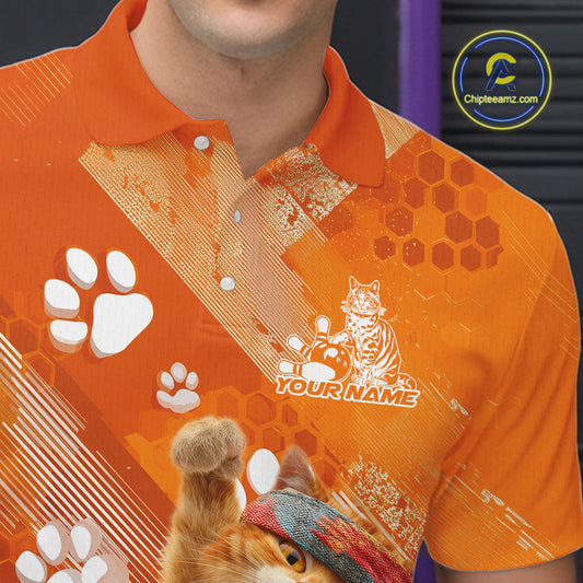 Custom Funny Orange Cat Bowling Men Polo Shirt, Cute Team Cat Paw Bowling Shirt IPHW10102