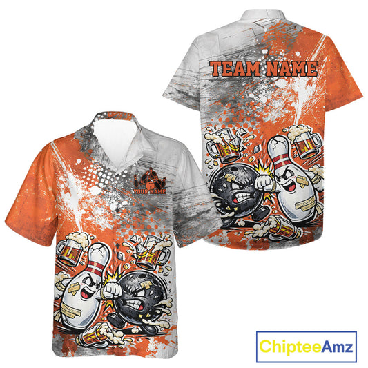 Front and back view of a black button-up bowling shirt mockup showcasing orange and white grunge splatter background with humorous cartoon bowling ball and pin battle graphics.