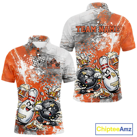 Front and back view of a mens bowling polo shirt mockup with orange and white grunge splatter background featuring cartoon bowling ball and pin fighting scene.