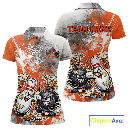 Front and back view of a womens polo shirt mockup featuring an orange and white grunge splatter background with humorous cartoon bowling ball and pin fighting graphics.