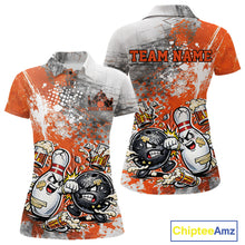 Load image into Gallery viewer, Front and back view of a womens polo shirt mockup featuring an orange and white grunge splatter background with humorous cartoon bowling ball and pin fighting graphics.