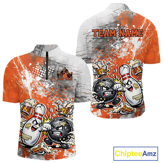 Front and back view of a mens bowling quarter-zip shirt mockup featuring an orange and white grunge splatter background with humorous cartoon bowling ball and pin fight design.