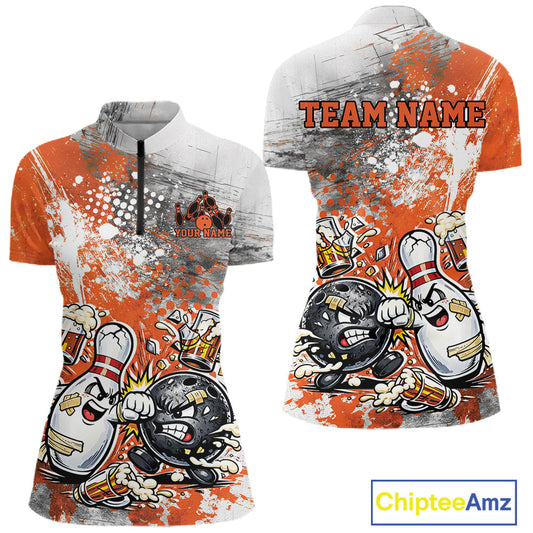Front and back view of a womens bowling quarter-zip shirt mockup showcasing an orange and white grunge splatter background with cartoon bowling ball and pin fist-fighting graphics.