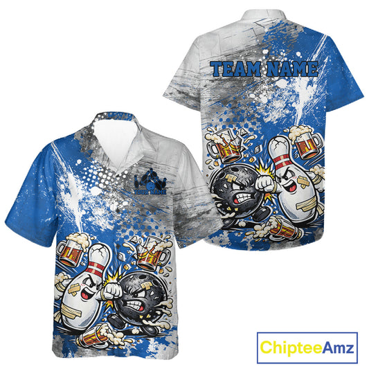 Front and back view of a black button-up bowling shirt mockup featuring blue and white grunge splatter background with playful cartoon bowling ball and pin fighting scene.