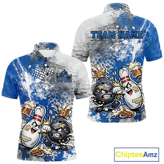 Front and back view of a mens bowling polo shirt mockup featuring a blue and white grunge splatter background with playful cartoon bowling ball and pin fighting scene.