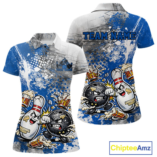 Front and back view of a womens polo shirt mockup showcasing a blue and white grunge splatter background with cartoon bowling ball and pin fist-fighting scene.