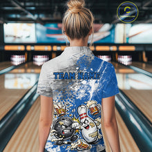 Load image into Gallery viewer, Back view of a female model in a bowling lane wearing a blue and white grunge splatter polo shirt featuring playful cartoon bowling action design.