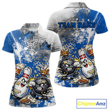 Load image into Gallery viewer, Front and back view of a womens polo shirt mockup showcasing a blue and white grunge splatter background with cartoon bowling ball and pin fist-fighting scene.