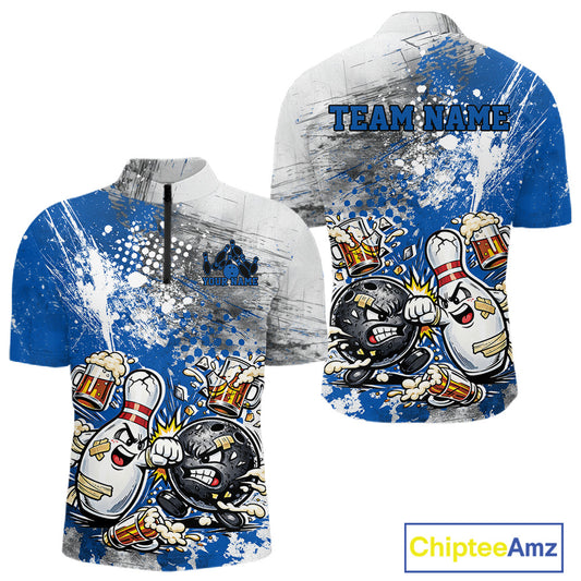 Front and back view of a mens bowling quarter-zip shirt mockup with blue and white grunge splatter background and playful cartoon bowling ball and pin fighting scene.
