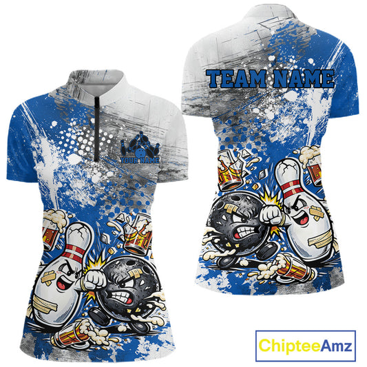 Front and back view of a womens bowling quarter-zip shirt mockup featuring a blue and white grunge splatter background with humorous cartoon bowling ball and pin fighting scene.