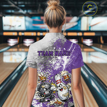 Load image into Gallery viewer, Back view of a female model in a bowling lane wearing a purple and white grunge splatter polo shirt featuring playful cartoon bowling action graphics.
