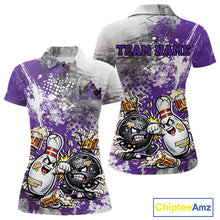 Load image into Gallery viewer, Front and back view of a womens polo shirt mockup featuring a purple and white grunge splatter background with a funny cartoon bowling ball and pin fist-fighting illustration.