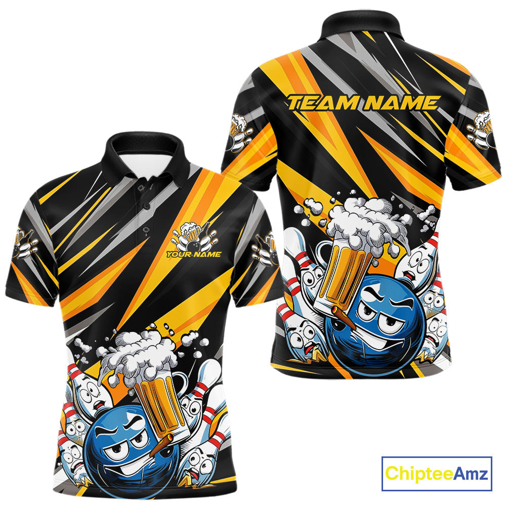 Custom Black And Yellow Funny Bowling And Beer Party Polo Shirts For Men, Bowler Outfit IPHW9830
