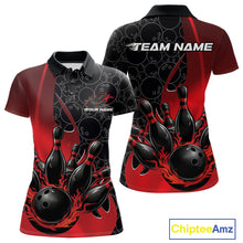 Load image into Gallery viewer, Front and back view of a womens black and red polo shirt mockup featuring gradient bowling ball pattern with flaming black bowling ball striking pins dynamic sports design.