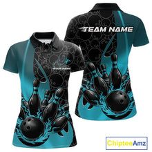 Load image into Gallery viewer, Front and back view of a womens black and blue polo shirt mockup featuring gradient bowling ball pattern with flaming black bowling ball striking pins athletic styling.